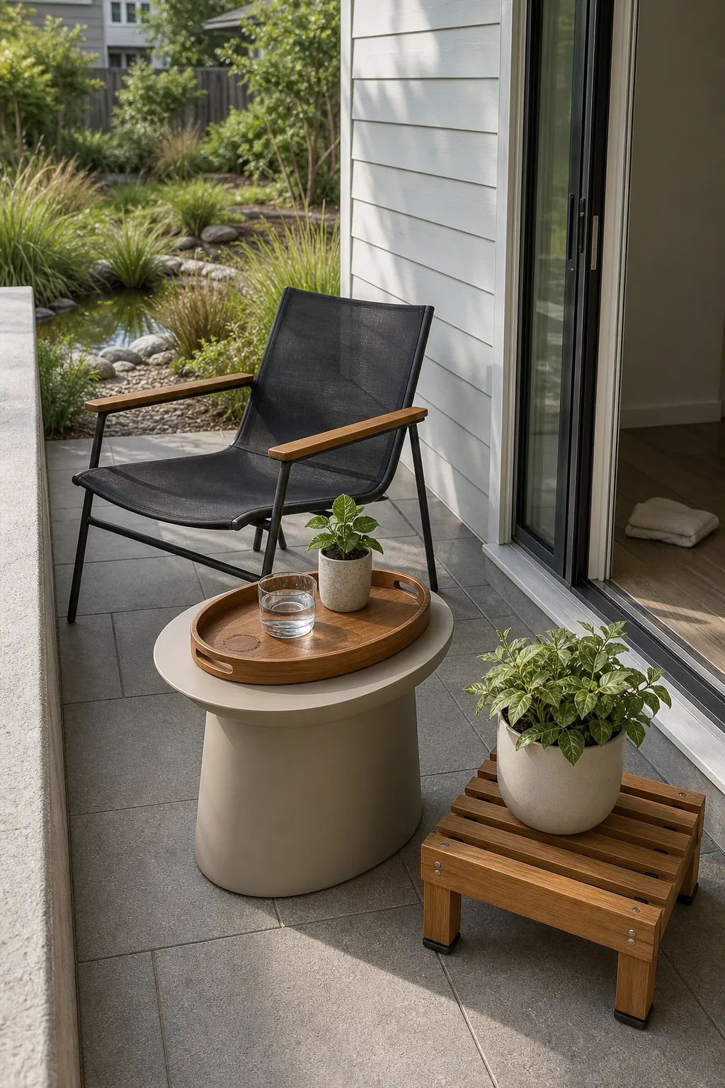 Cozy outdoor patio with repeated natural wood details