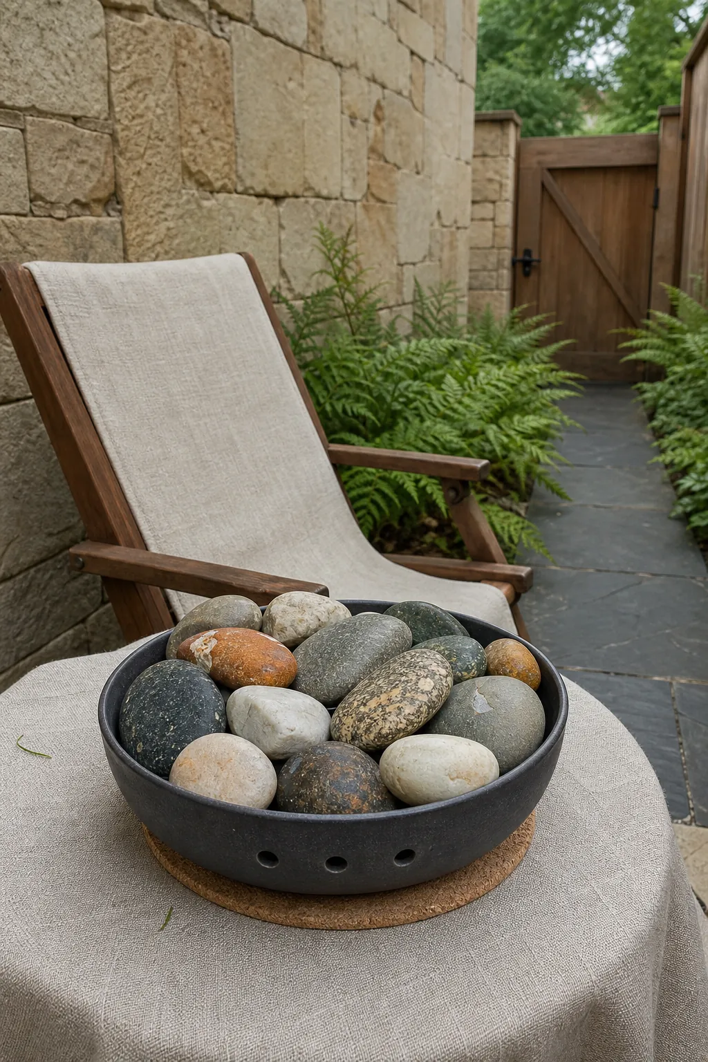 Cozy small patio table with a shallow bowl of dry natural stones