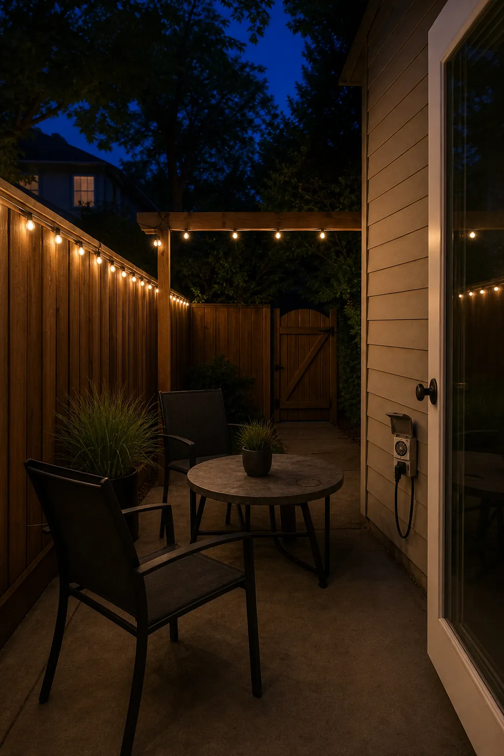Cozy small back patio with warm outdoor lights tracing the perimeter