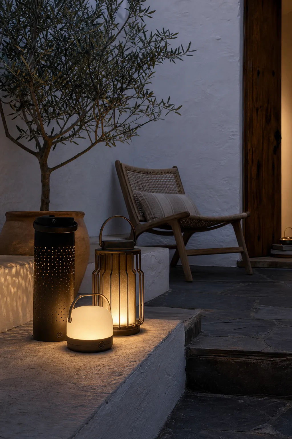 Tiny outdoor patio with a low cluster of rechargeable lanterns