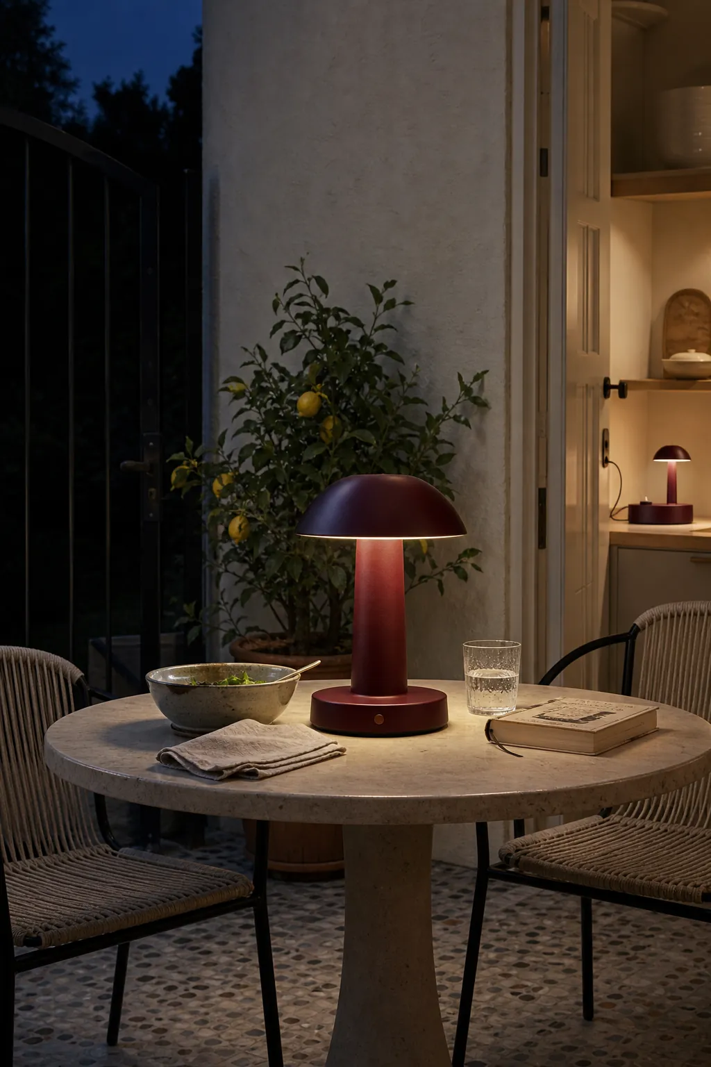 Small patio table with a warm rechargeable outdoor lamp