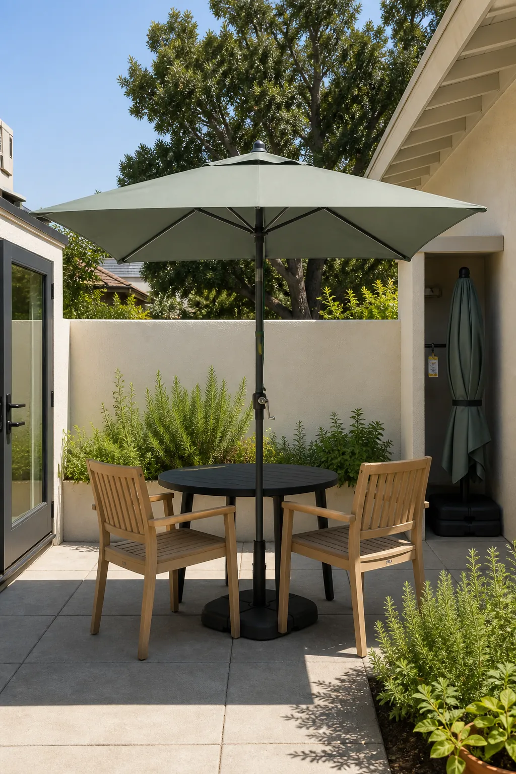 Cozy ground-level patio shaded by a compact umbrella