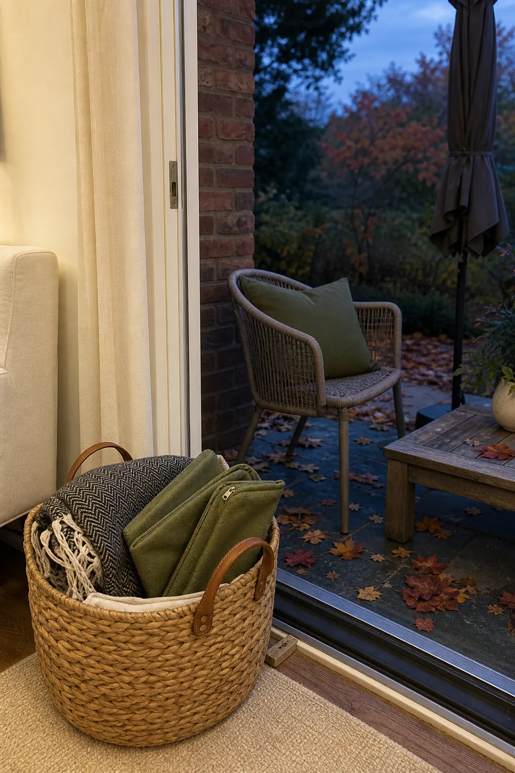 Cozy patio door with an indoor basket of outdoor throws and cushion covers