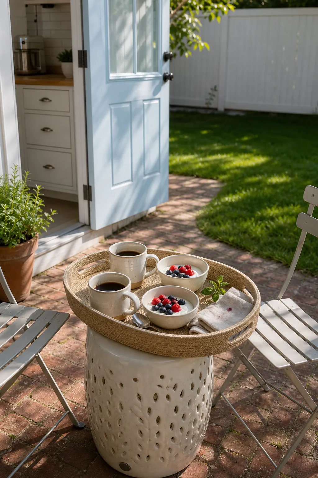 Sunny mini patio with a simple breakfast tray for two