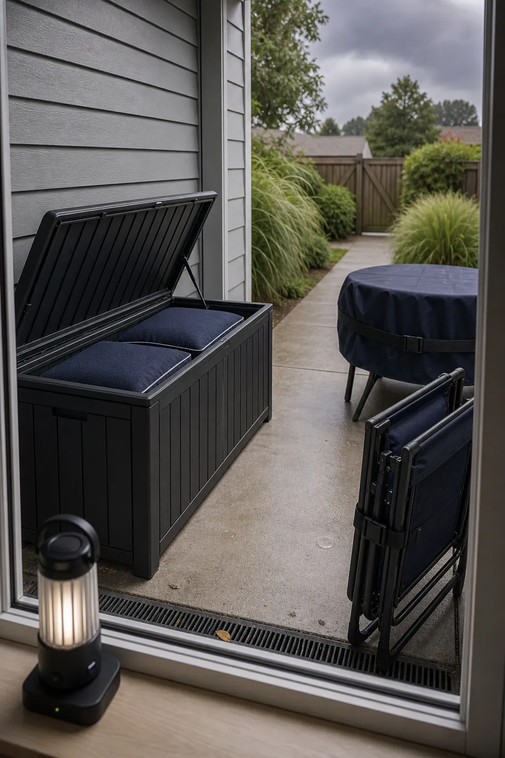 Small patio prepared for rain with dry cushion storage and secured furniture