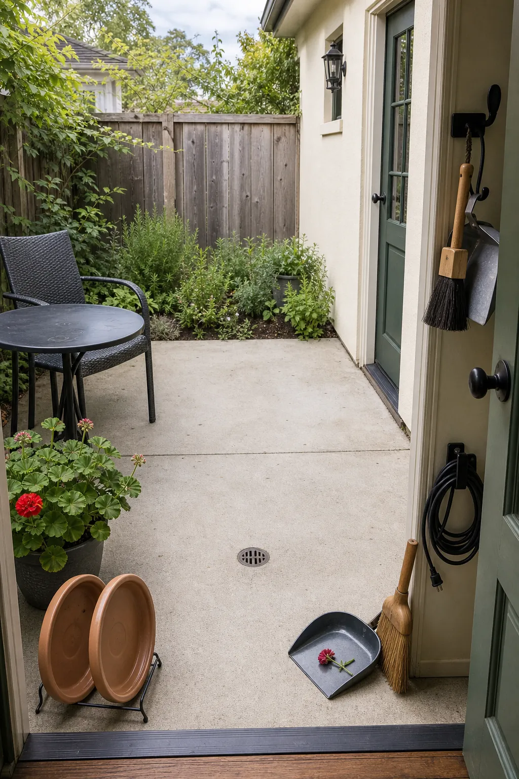 Orderly cozy small patio after a quick weekly cleaning reset