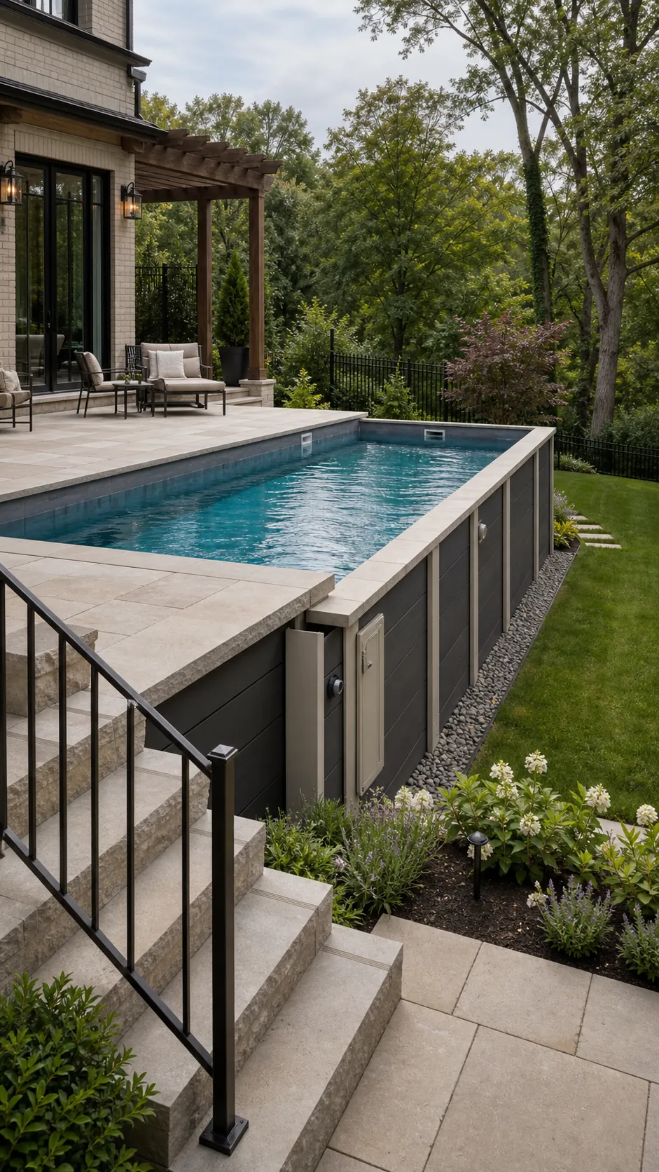 Sunken above-ground pool with waterline flush to an upper stone terrace