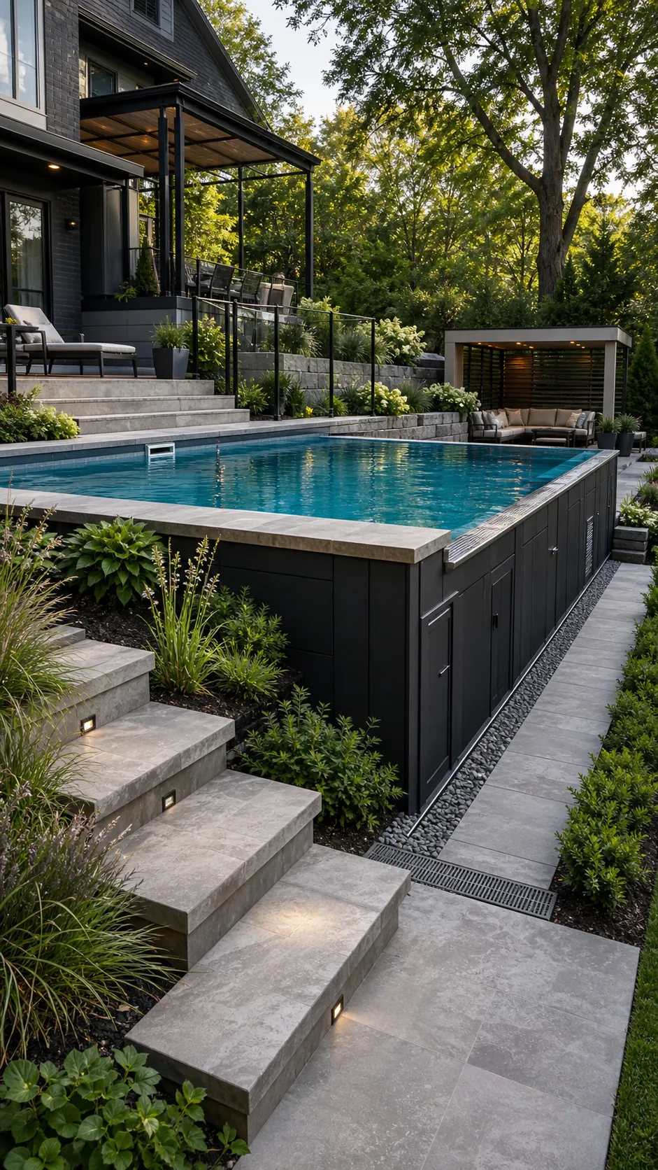 High-end sunken above-ground pool integrated into a terraced landscape