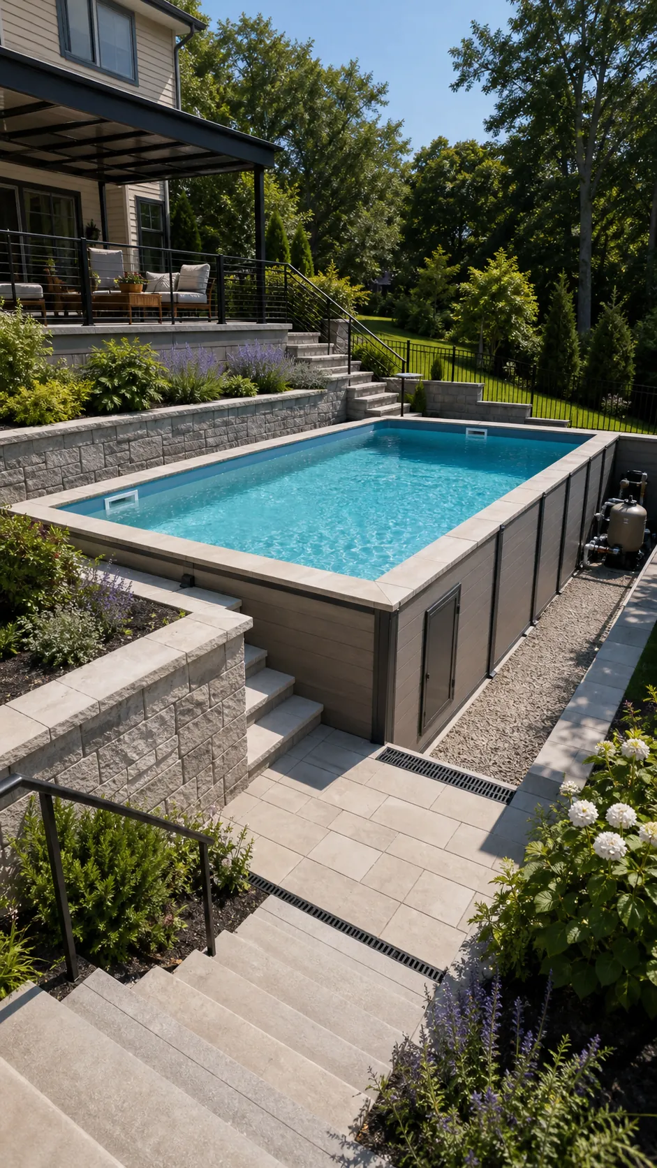 Recessed above-ground pool court carved into a landscaped slope
