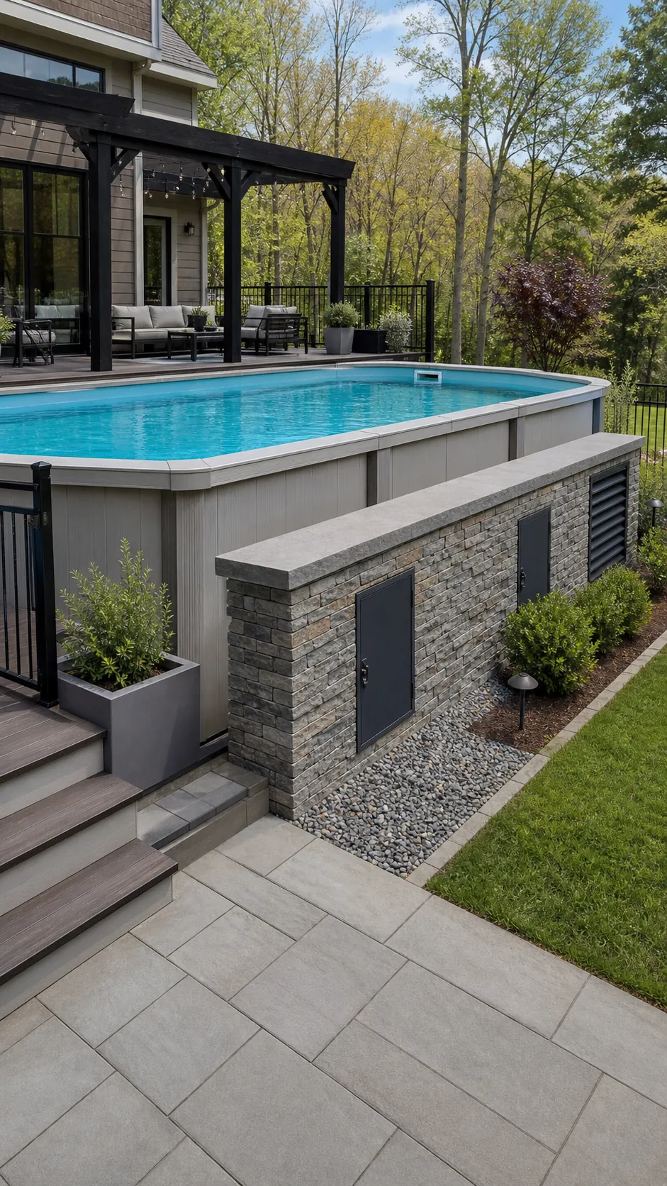Partially buried pool with a stone-clad exposed downhill wall