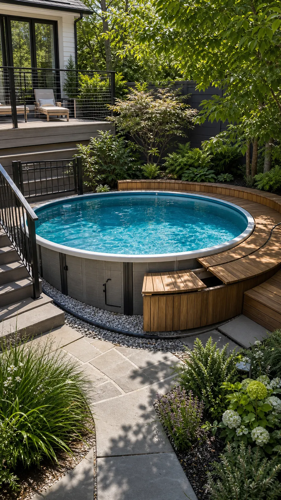 Sunken round above-ground pool framed by a curved built-in bench