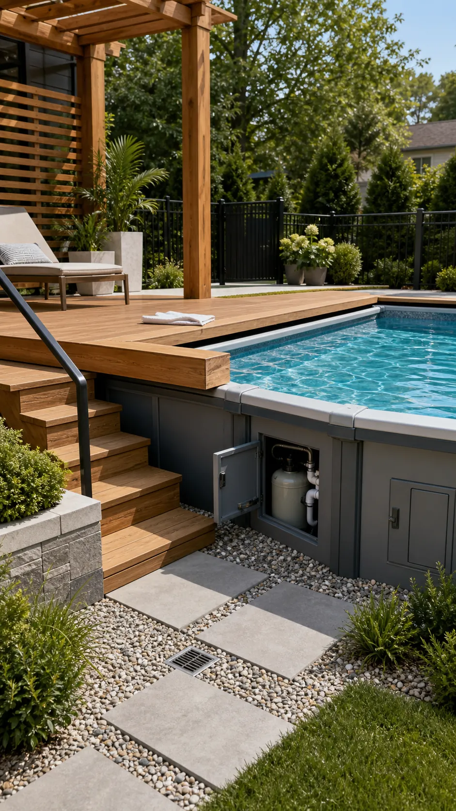 Semi-inground pool with a floating timber deck edge over the cap