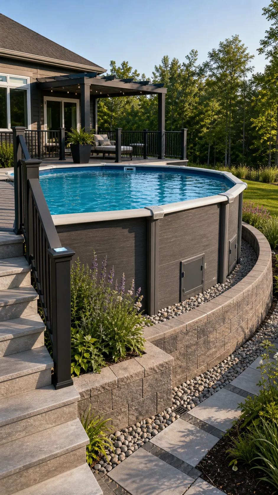 Semi-buried above-ground pool protected by an independent retaining wall ring