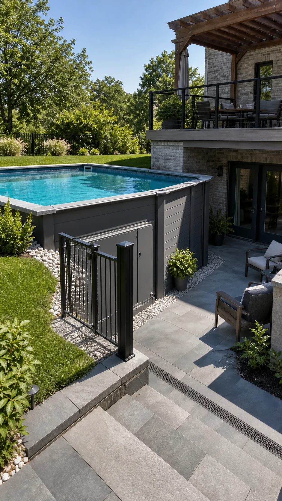 Sunken above-ground pool integrated with a walkout basement patio