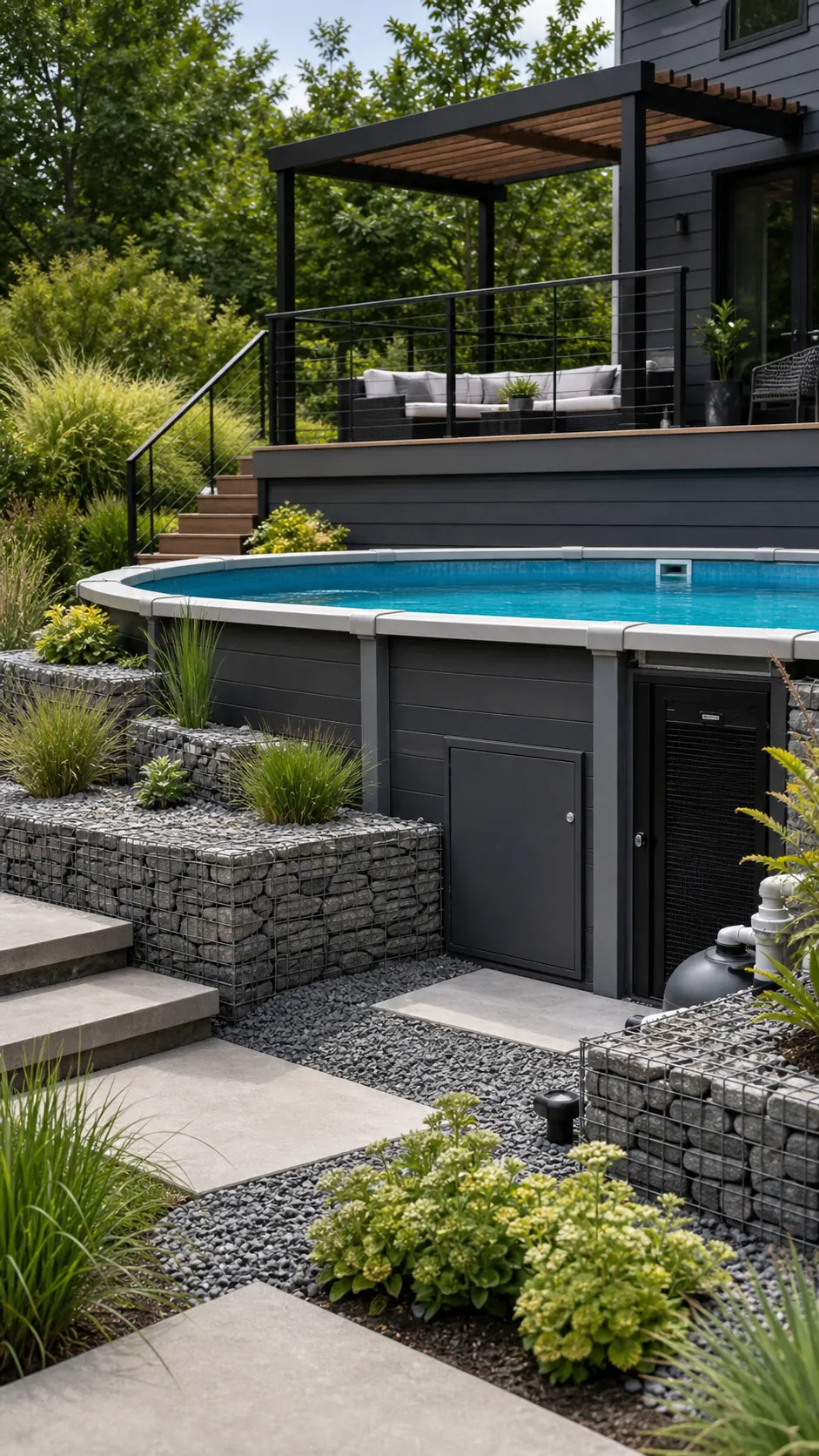 Partially buried pool landscaped with modern gabion terraces