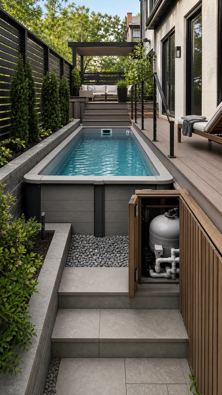 Narrow side-yard retreat with a recessed above-ground plunge pool