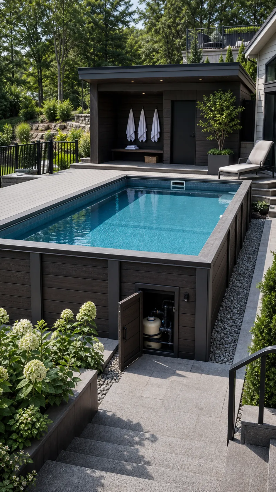 Recessed above-ground pool aligned with a compact modern pool house