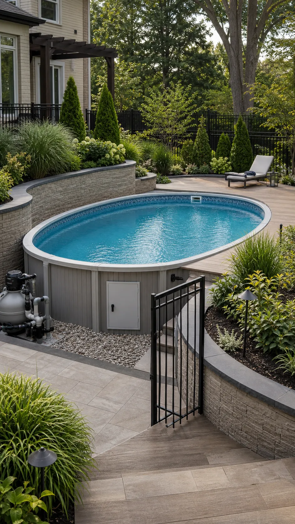 Semi-sunken oval pool nestled between layered raised planters
