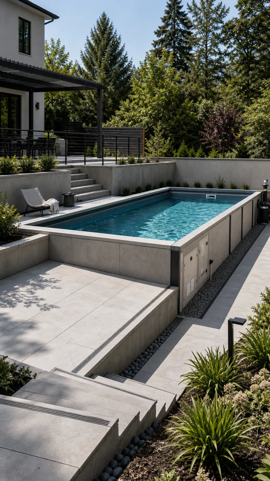 Minimalist concrete-look courtyard around a recessed rectangular pool