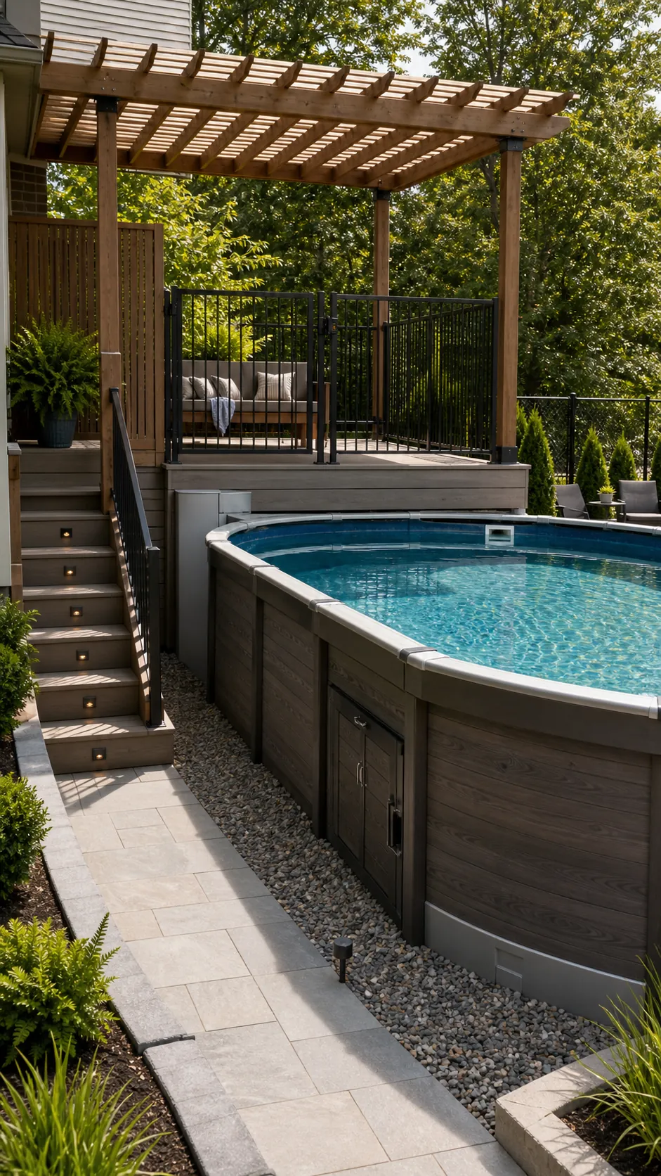 Sunken above-ground pool with a pergola over the upper entry deck