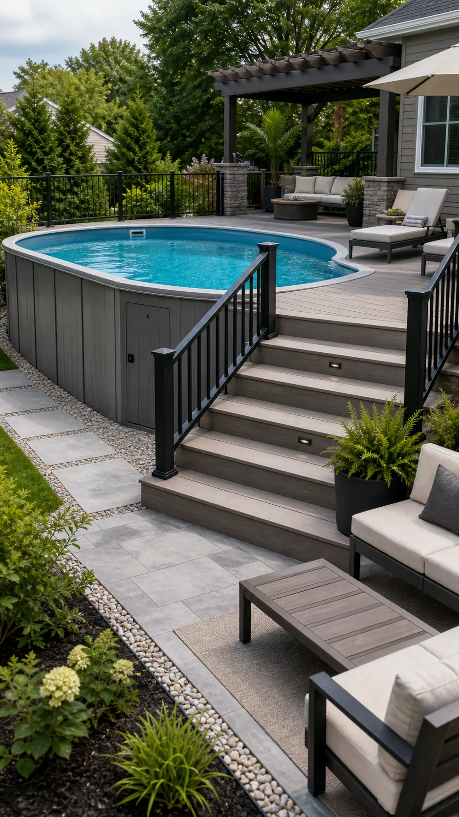 Resort-style split-level deck around a semi-inground pool