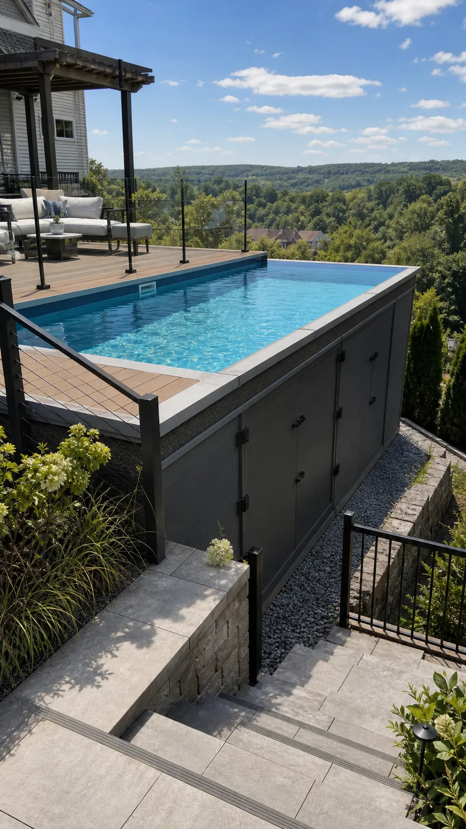 Semi-inground pool creating an infinity illusion on a sloped yard