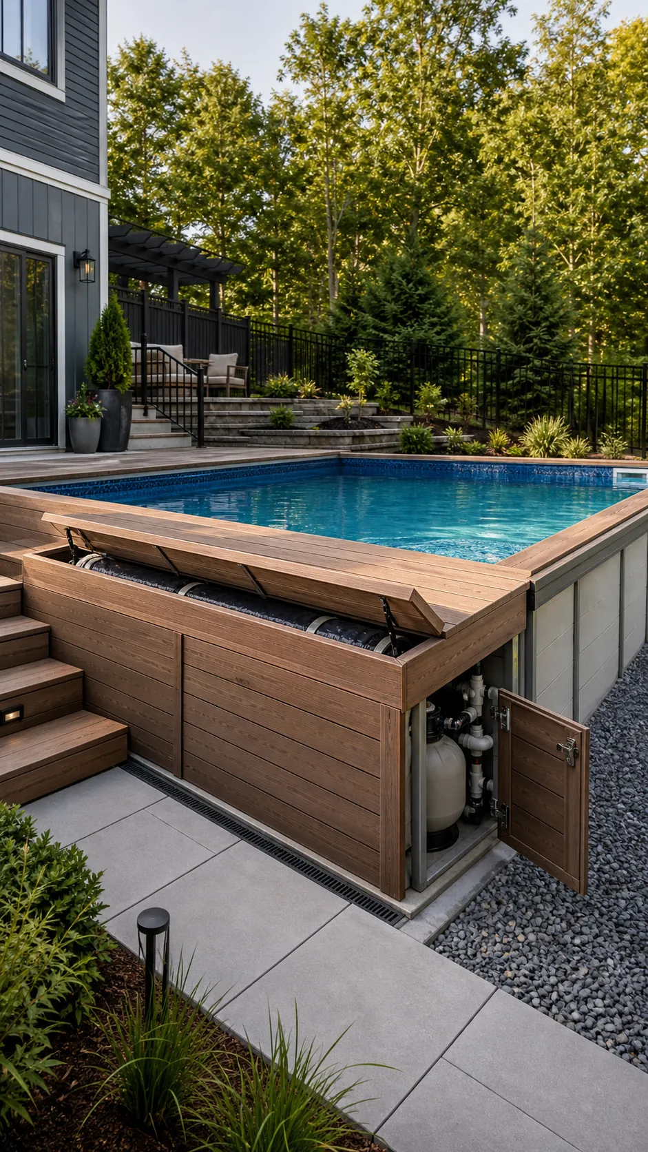 Recessed above-ground pool deck with a concealed cover storage vault
