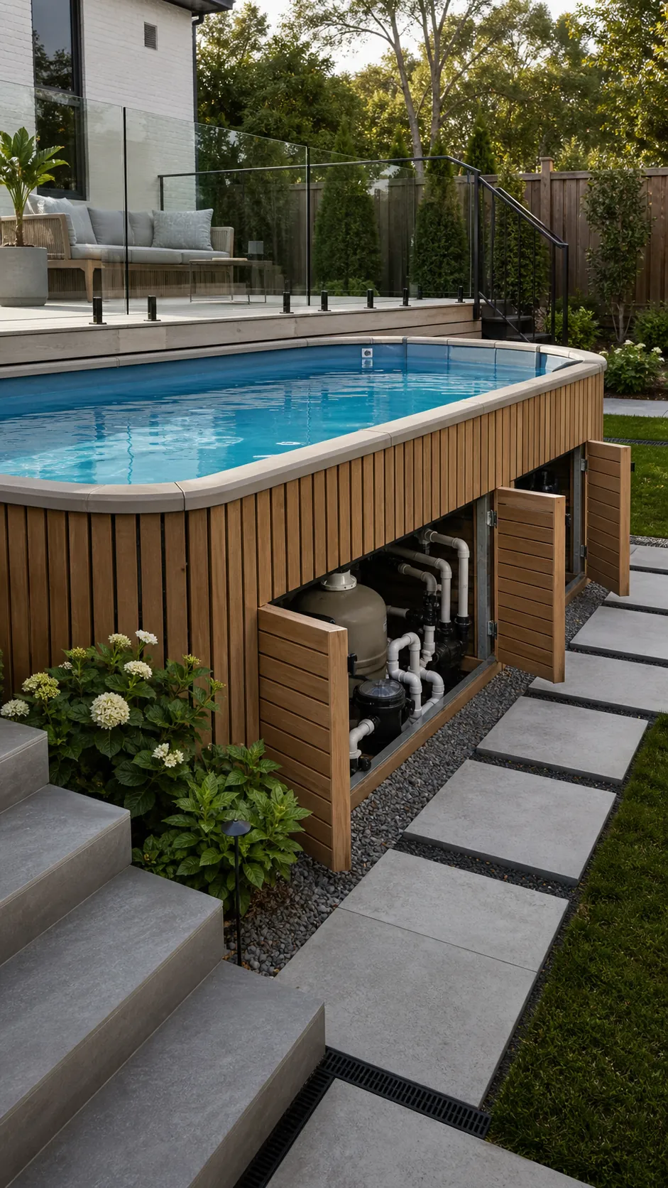 Semi-sunken pool with a ventilated slat wall screening equipment