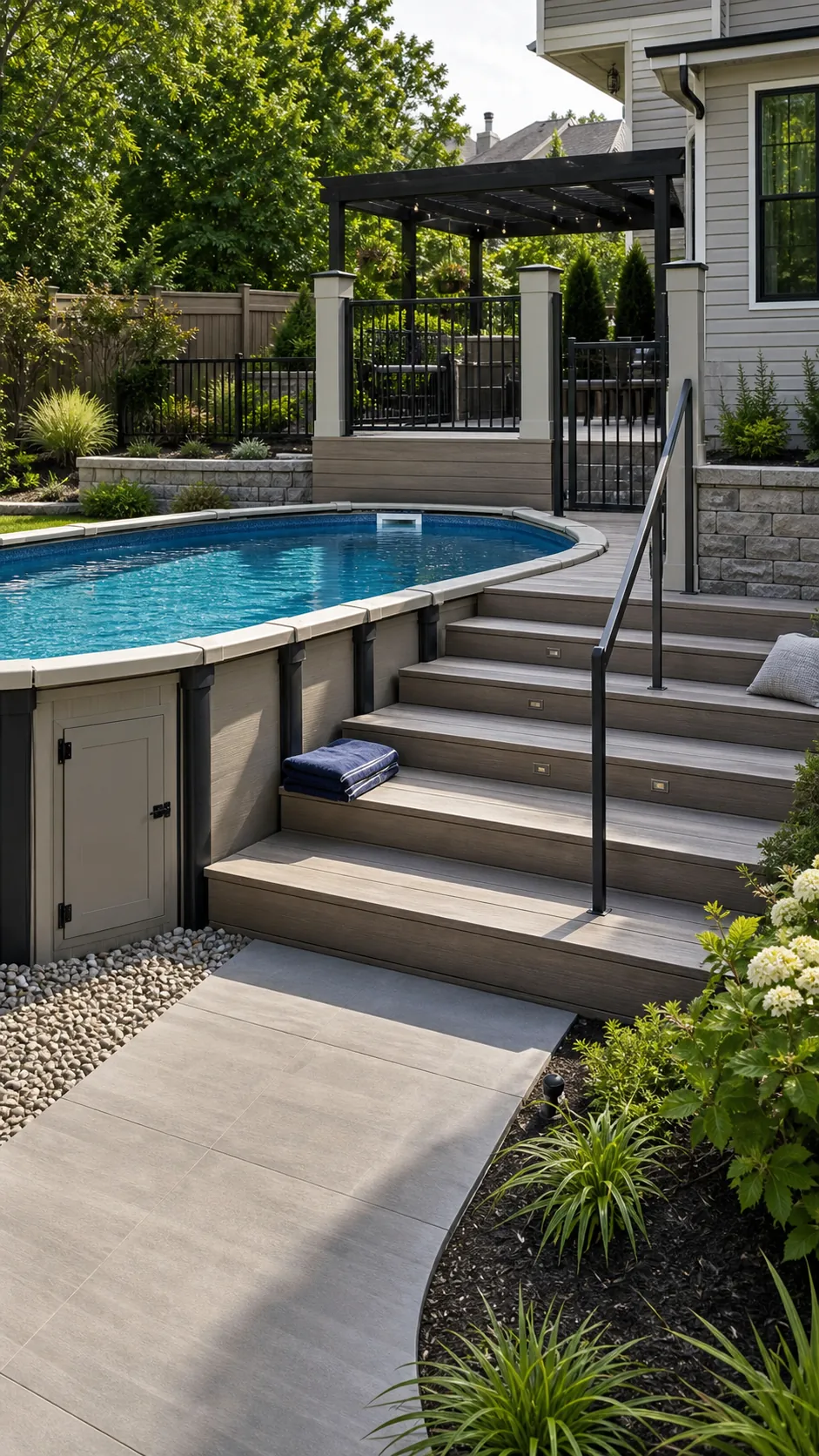 Partially buried pool with wide architectural steps at the exposed end