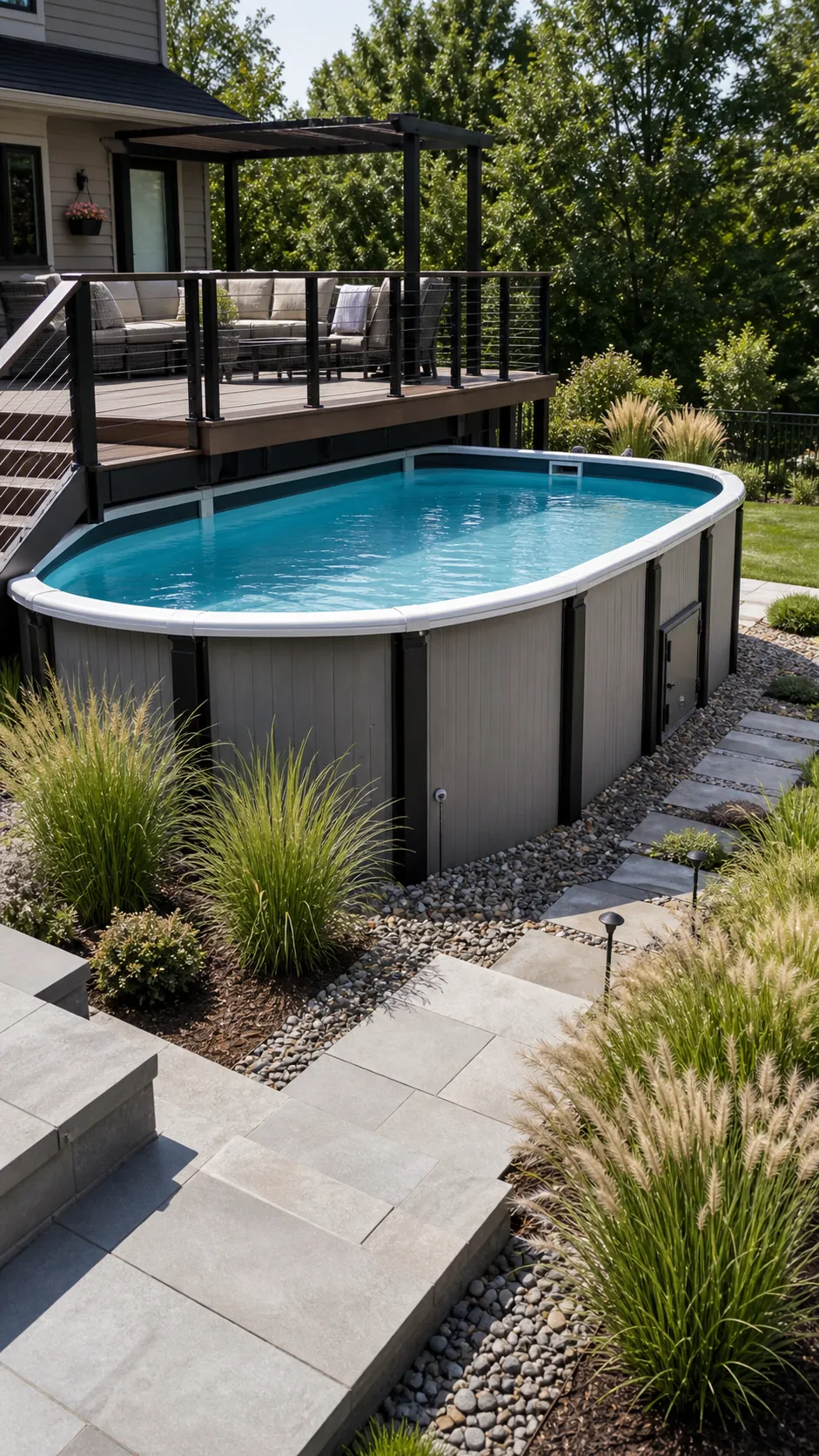 Partially buried pool softened by ornamental grasses and gravel landscaping