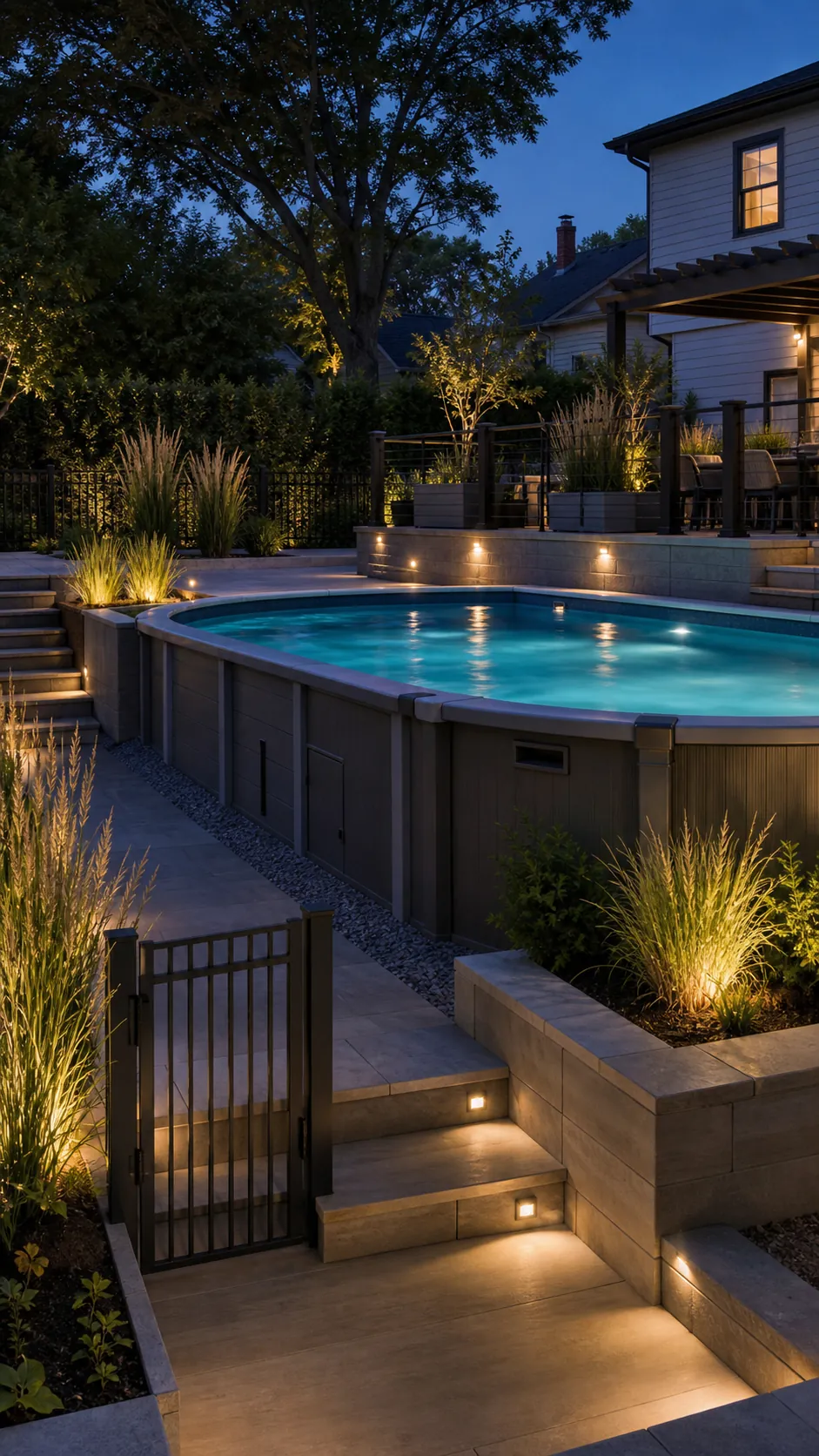High-end sunken above-ground pool with layered evening lighting