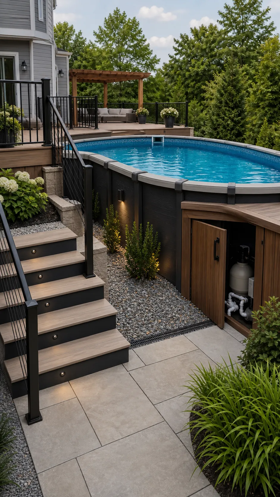 Complete high-end material plan unifying a sunken above-ground pool
