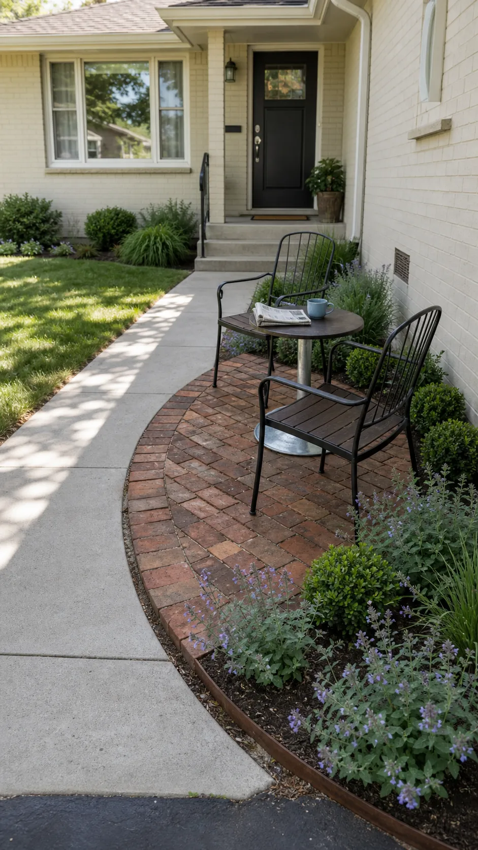 Curved small front patio beside a clear walkway
