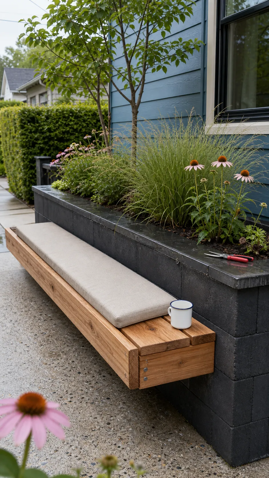 Space-saving bench built into a raised front patio planter