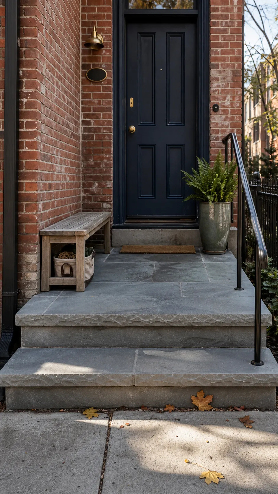 Widened front step used as a tiny patio landing