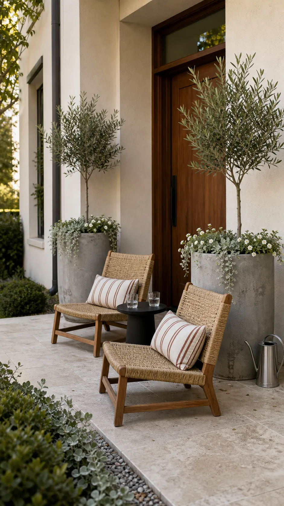 Two patio chairs framed by oversized front porch planters