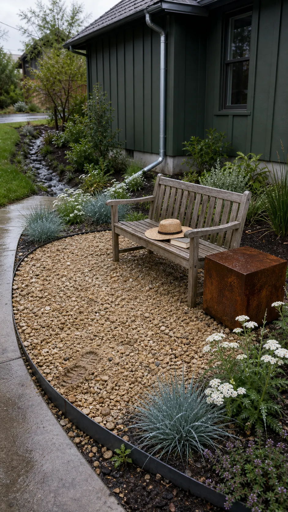 Small permeable gravel patio in a front yard