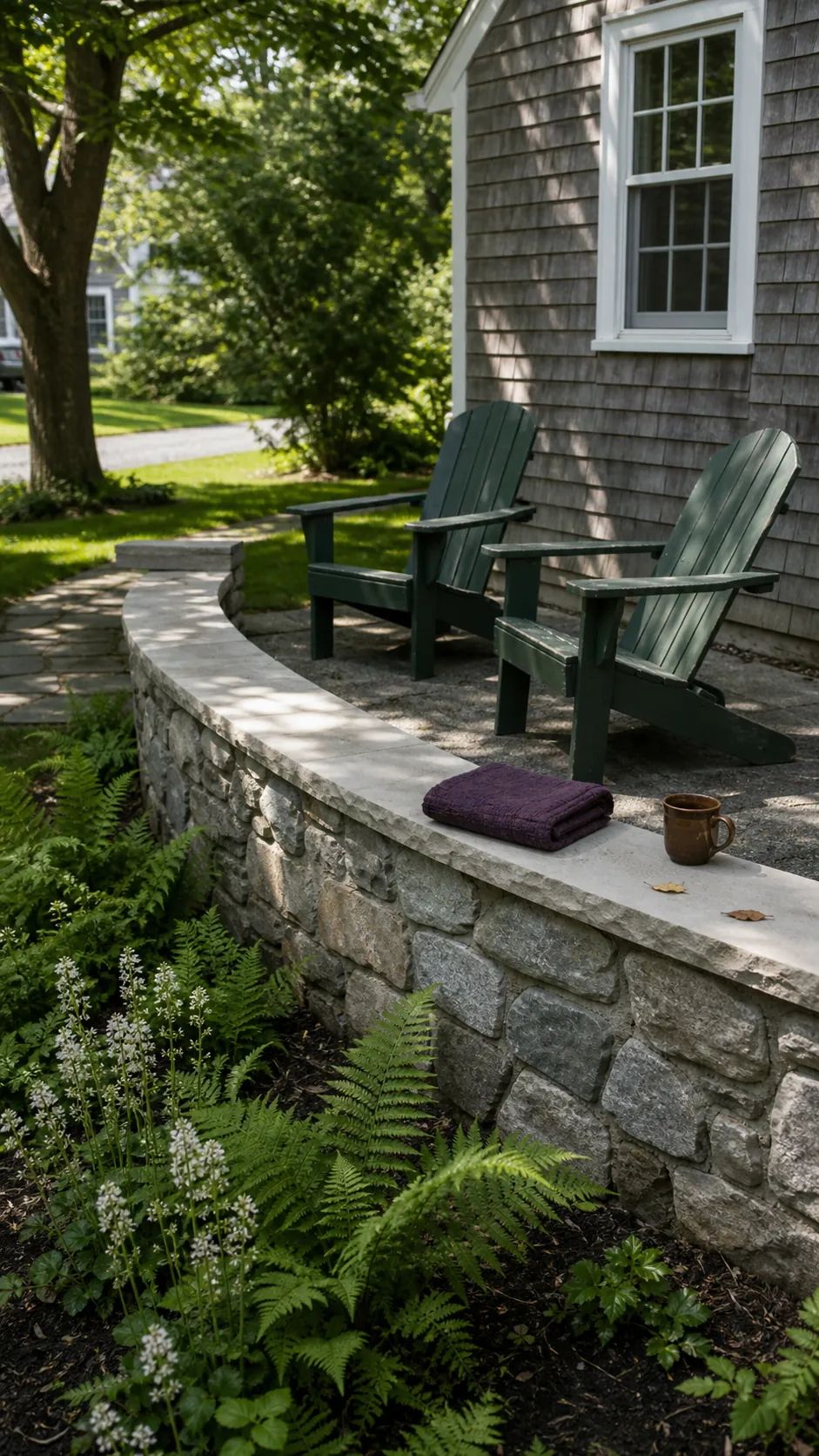 Low masonry seat wall edging a small front patio