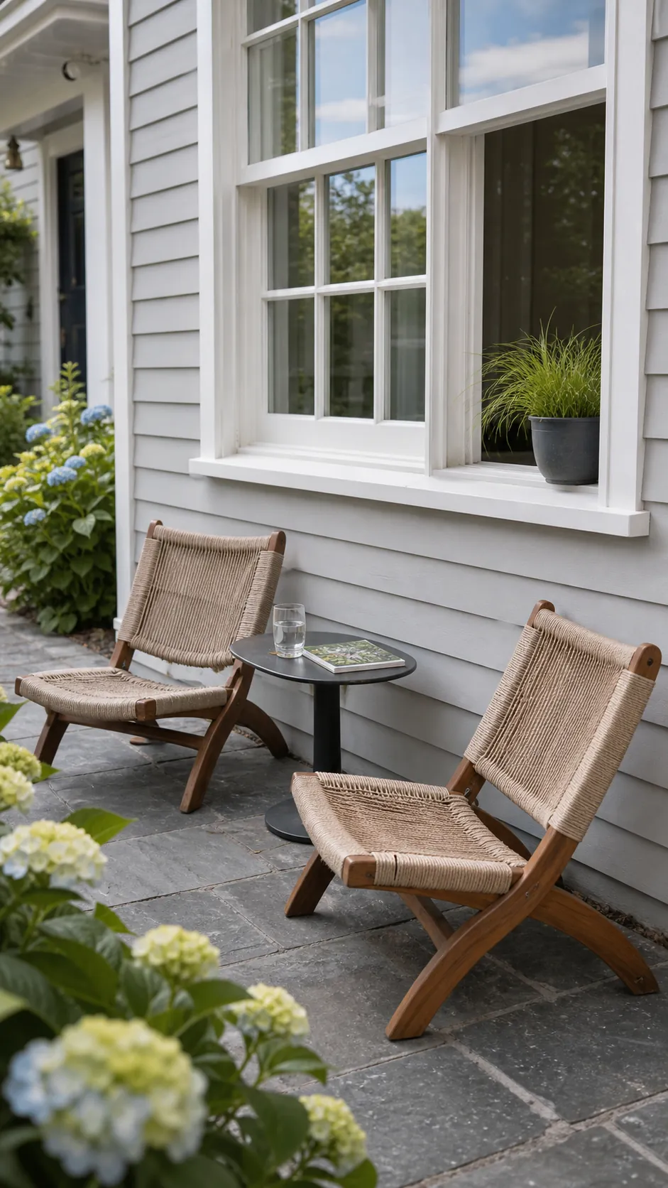 Compact conversation patio arranged below a front window