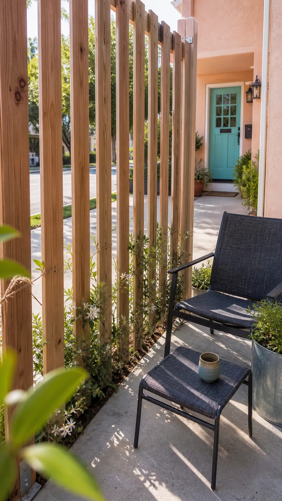 Airy wood slat privacy screen beside a small front patio