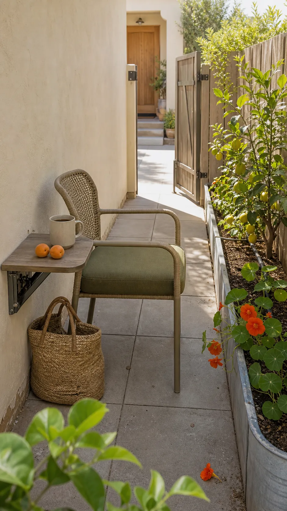 Single morning chair on a narrow front patio strip