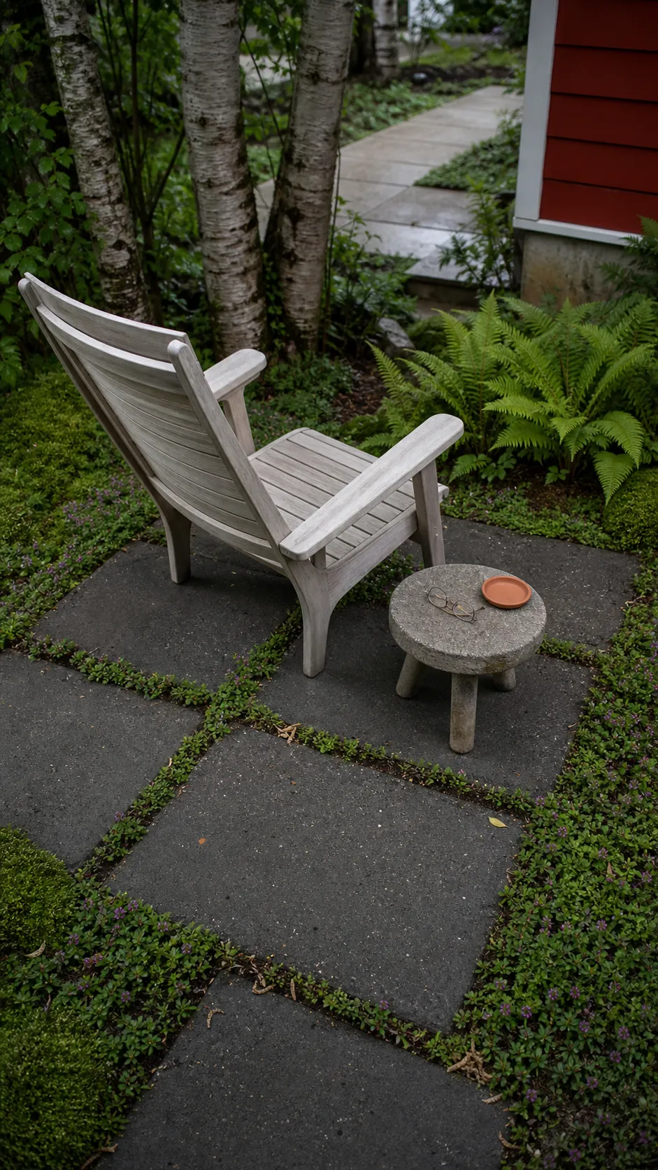 Front patio pavers floating through low green groundcover