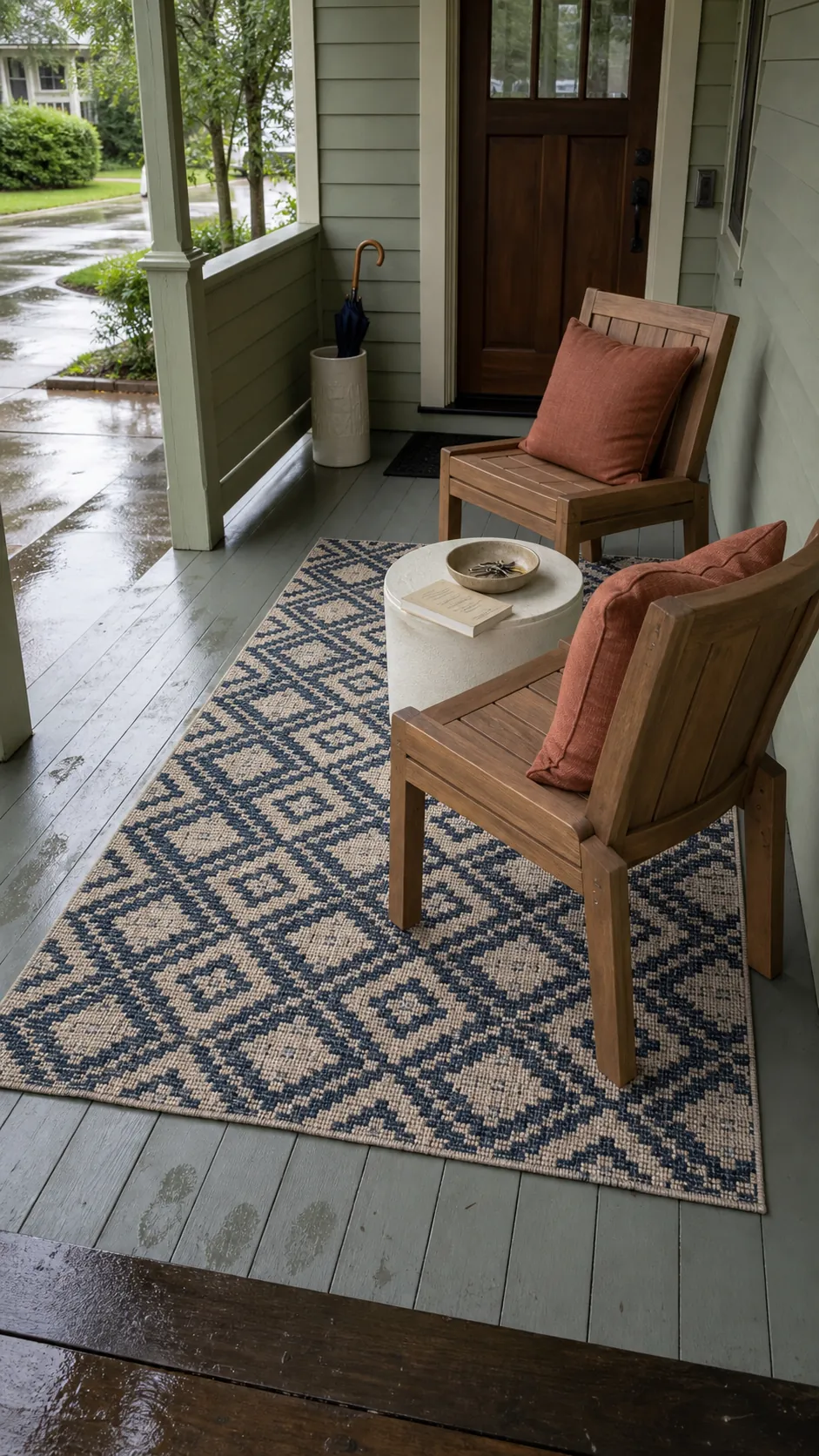 Patterned outdoor rug defining a compact front porch seating area