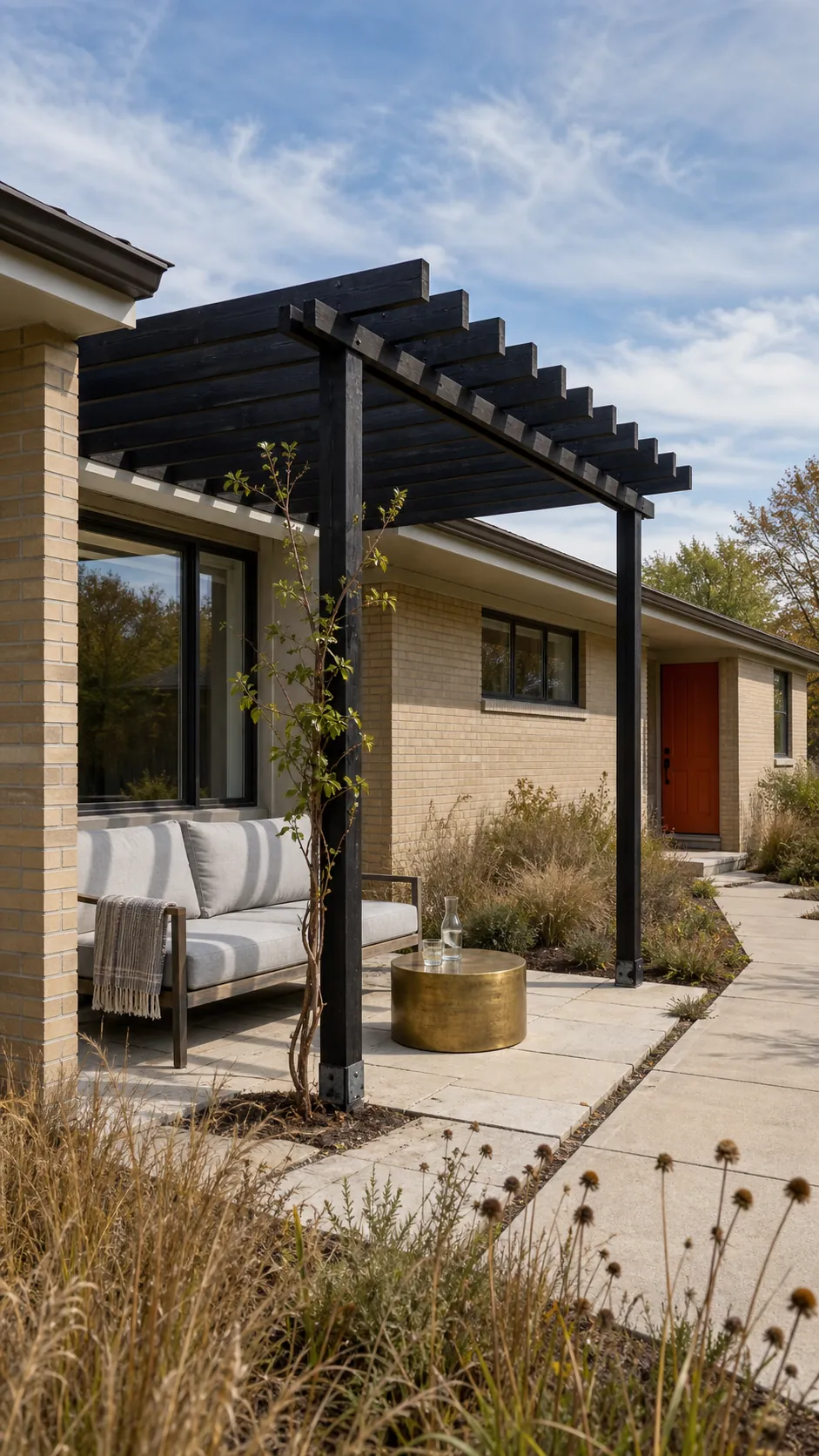 Slim pergola defining a small patio at the front of a house
