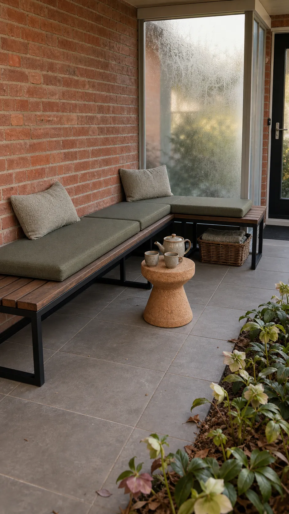 L-shaped built-in bench on a tiny front patio