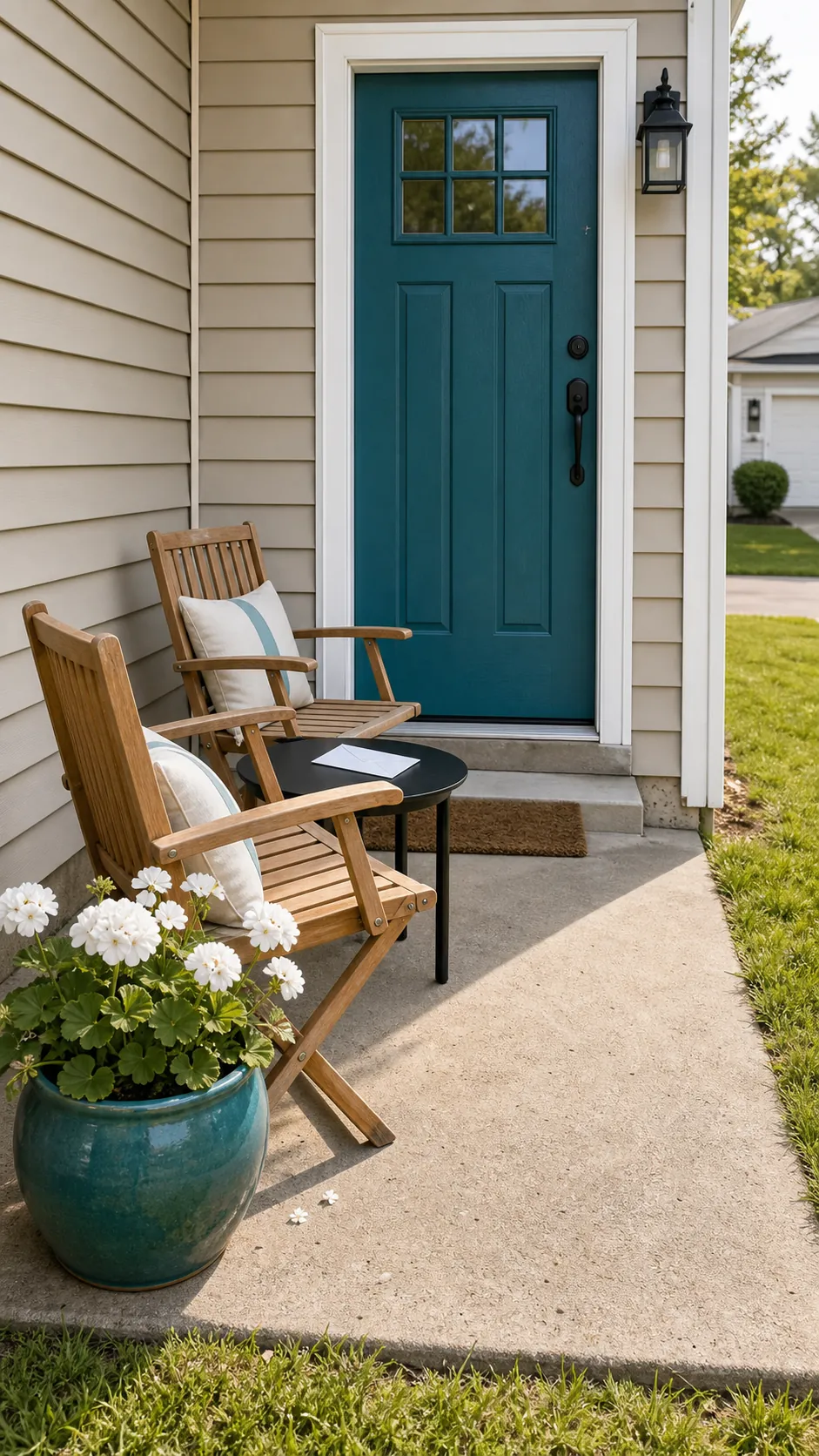 Small front patio coordinated with a colorful front door