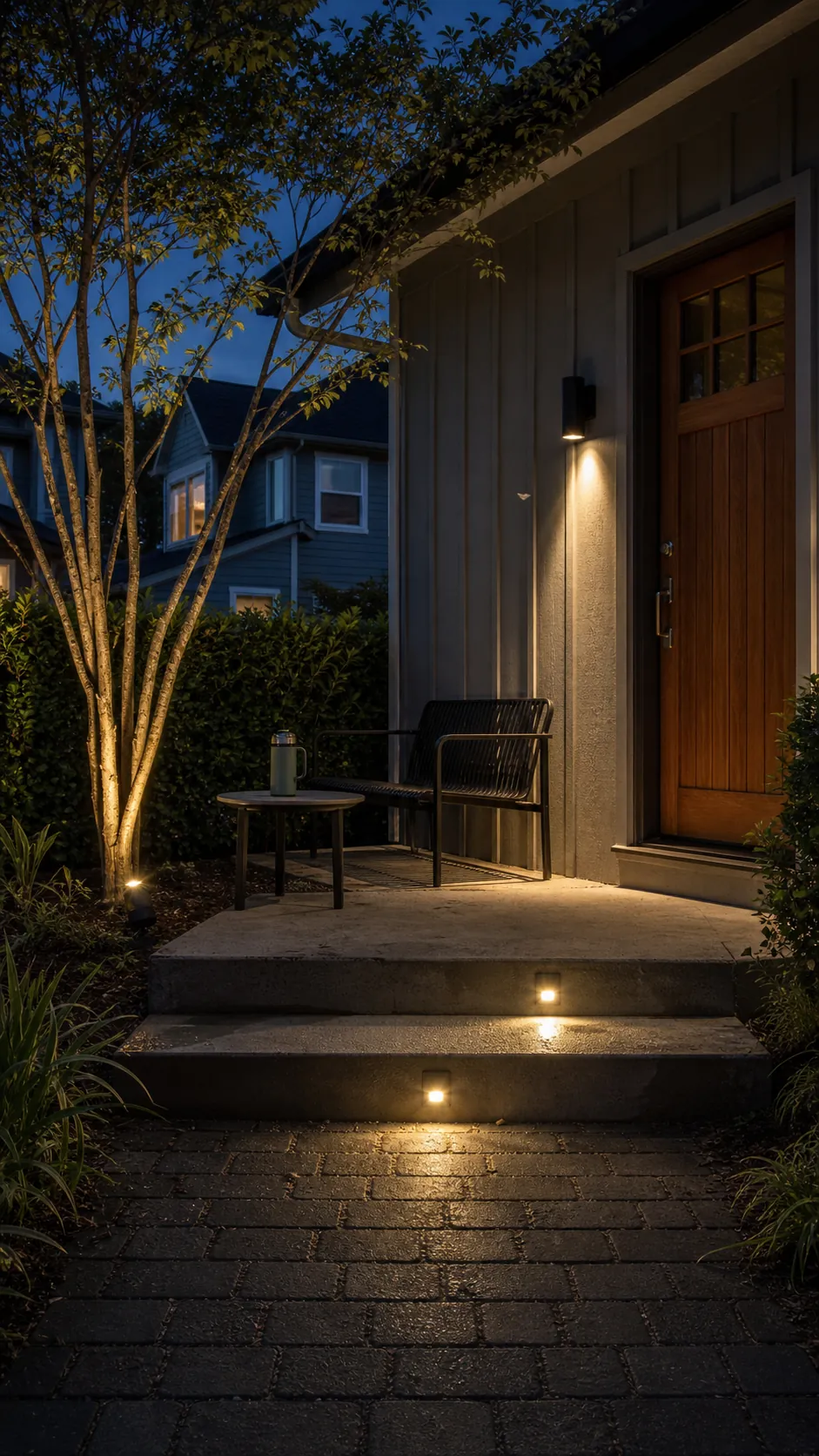 Warm layered lighting across a small front patio at dusk