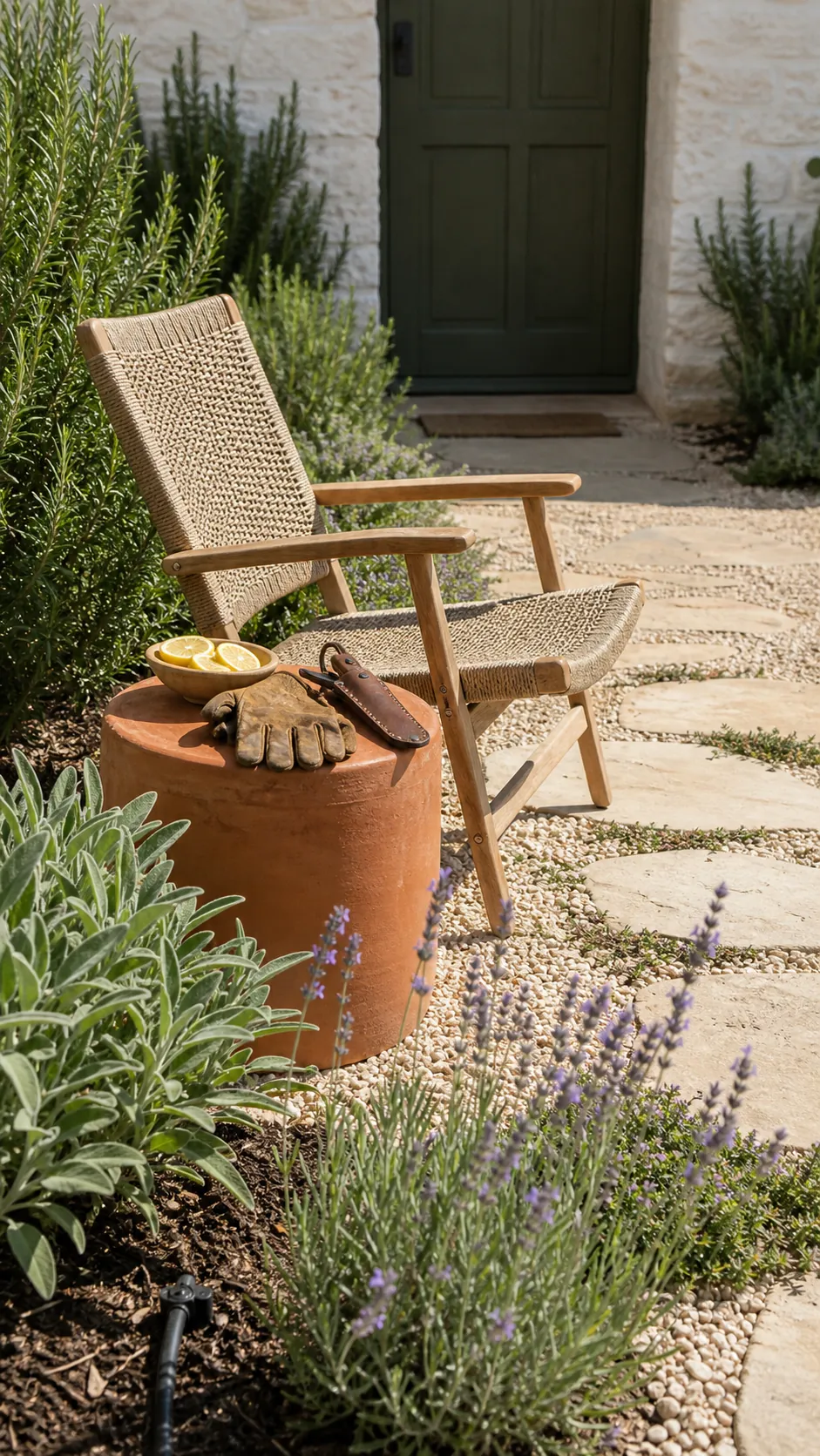 Fragrant herb border surrounding a sunny small front patio