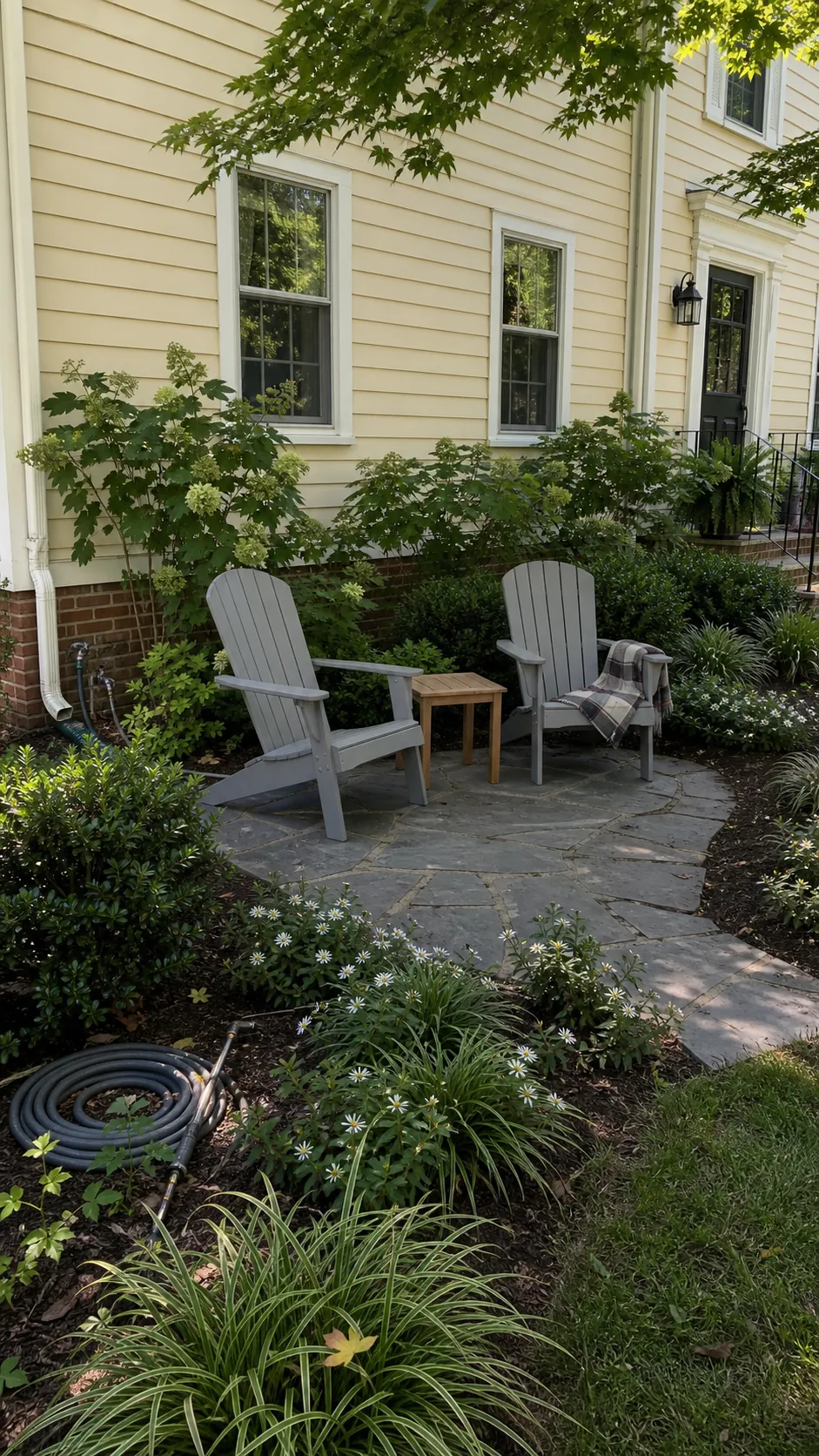 Small front patio blended into layered foundation planting