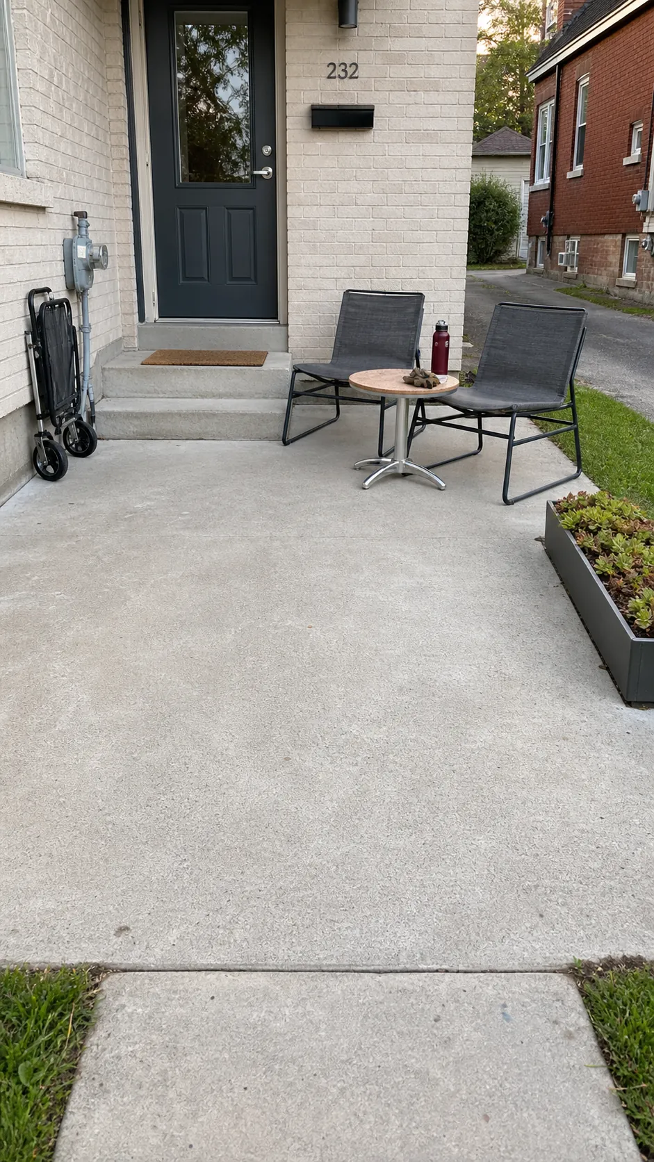 Open flexible front patio with two chairs and clear circulation